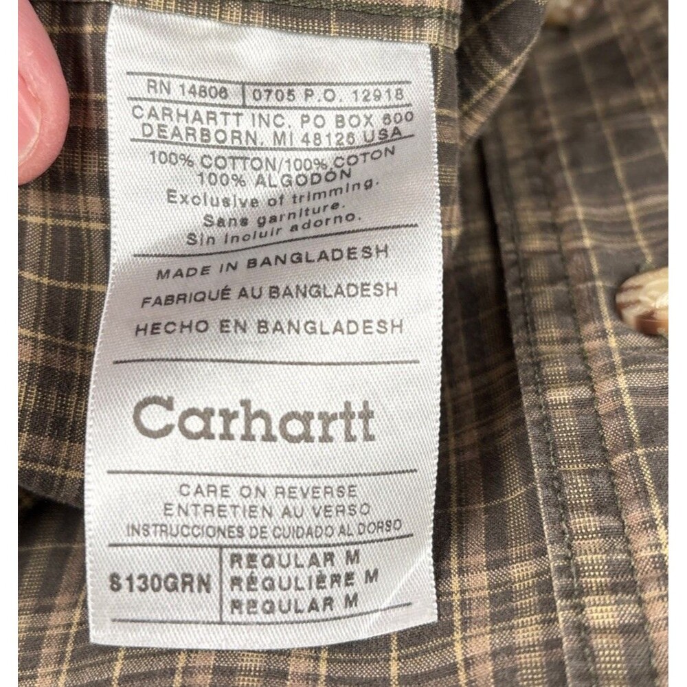 Carhartt Men Medium Olive Green Plaid Long Sleeve Button-Up w/ Leather Logo Tag - Picture 8 of 11
